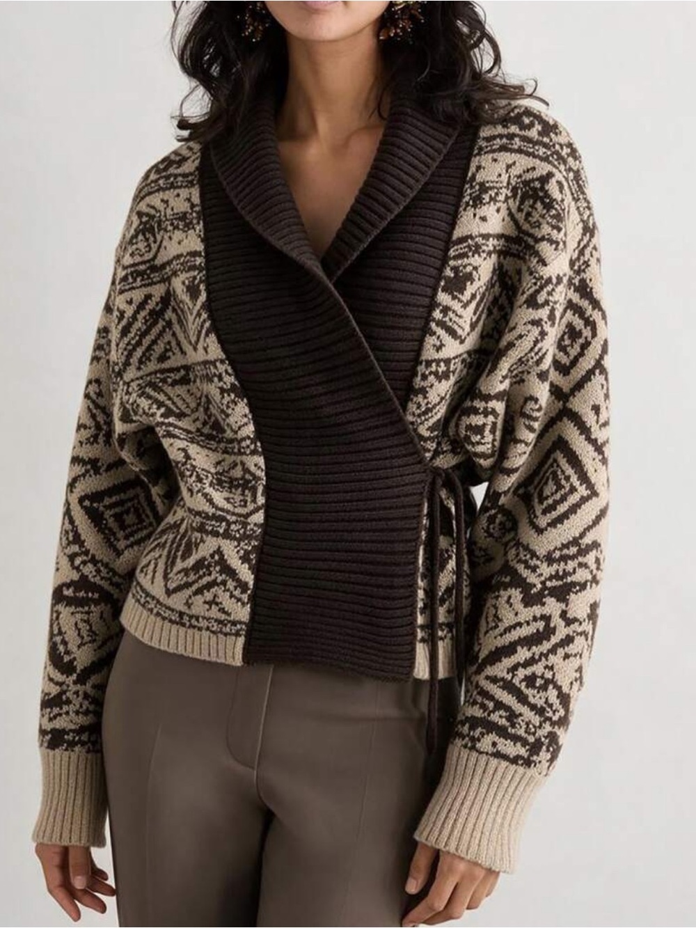 Women's Vintage Elegant Loose Jacquard Tie-Front Cardigan Sweater